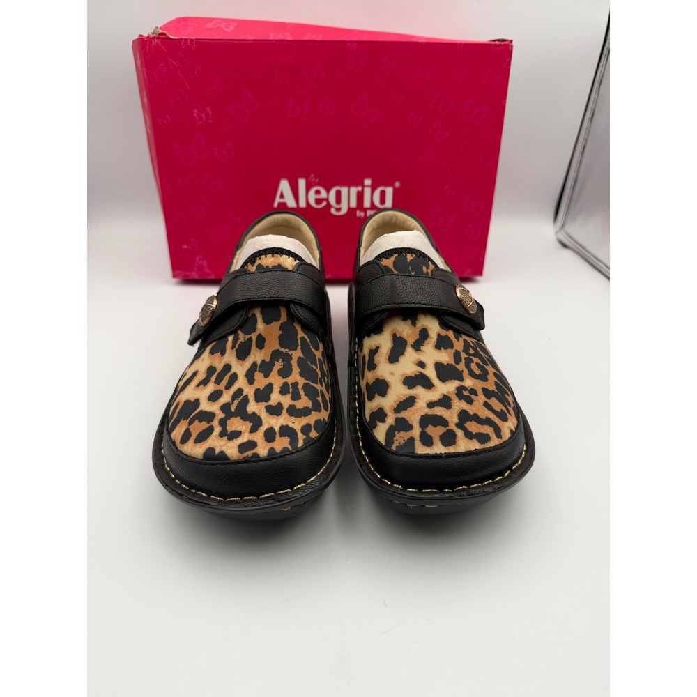 Alegria Keli Professional Clogs Leopard Print Black Leather Shoes Size 38